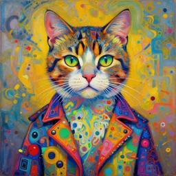 jacket cat portrait an oil painting splashes with many colors and shapes by gustav klimt greg rutkowski and alphonse mucha, polycount, generative art, psychedelic, fractalism, glitch art