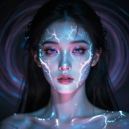 neon glow viewpoint of the pale dead princess, cracks of blinding lights on the skin, vortex background shading, self portrait pic by 35mm