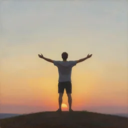 a man standing watching the sunset, arms and legs open, behance, dream, acrylics, bosch, soft colour, featured