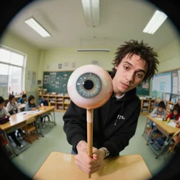 fish eye lense, drake rapper impaled on a stick, kindergarten glassroom, gay eyeballs, high quality, real photo,