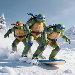 the ninja turtles surfing on snow, digital art, trending in artstation, cinematic lighting, studio quality, smooth render, unreal engine 5, octane rendered,