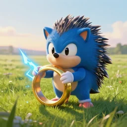 a cute face blue hedgehog holds a large gold ring with blue lightning, beautiful grassland, early morning hours, long shadows, extremely detailed, fantasy painting, by jean - baptiste monge!!!!