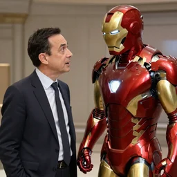 mr bean talking to iron man, marvel scene, trending on artstation, hyperrealism