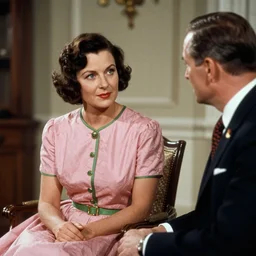 a medium full shot, german and eastern european mixture kodachrome slide depicting a queen with tan skin, short, rippling dark cinnamon hair, and emerald coloured eyes, having a meeting with the prime minister. she is depicted in a vintage historical fantasy 1 9 3 2 life magazine photograph wearing a pink dress with green accessories.