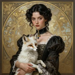 Phoebe Tonkin dressed in Victorian fashion with black hair, holding a white fox in her arms, D&D, fantasy, intricate, elegant, highly detailed, digital painting, artstation, concept art, matte, sharp focus, illustration, art by Artgerm and Greg Rutkowski and Alphonse Mucha