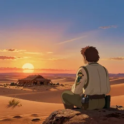 beautiful wide shot tatooine landscape, Luke skywalker watches binary sunset from moisture farm, Star Wars a new hope 1977, studio ghibli, Miyazaki, Greg rutkowski, Alphonse mucha, Moebius , animation, golden hour, highly detailed, hdr, vivid color, 70mm