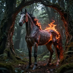 cinematic digital art of a demonic nightmare horse with flames down back standing in a natural forest archway, undead with exposed ribs, dramatic back lighting, octane render