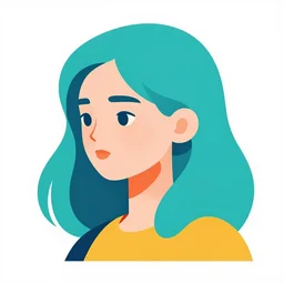 a portrait of a girl with turquoise hair, made of many colorful flat color minimal shapes and curves, modern graphic design, white background, artsy, graphic design profile picture