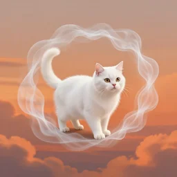 digital illustration of a wispy white cat spirit made of smoke circling through orange clouds at sunset, trending on artstation, digital art ( by joseph meehan ) ( by victor adame ) ( by anna steinbauer )