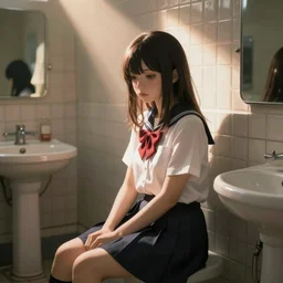 school girl sitting in the school bathroom - dramatic cozy portrait art by wlop and okuda genso. featured on pixiv, anime aesthetic. pixiv, warm aesthetic, rays of light, volumetric light, artstation, vanitas, official art, gothic, noise film photo. octane render, redshift render, ue 4