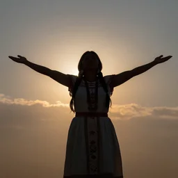 a silhouette of a indigenous incan woman, with arms wide open in front of the sky, art by greg rutkowski