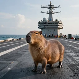 A capybara on the flight deck of an aircraft carrier