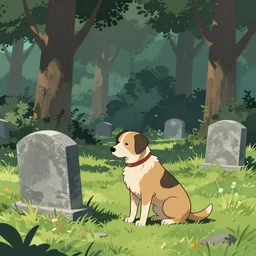dog sitting at his owner's grave, melancholy, artstation, trees