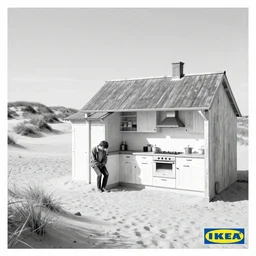 A black and white IKEA catalogue photo of a farm house kitchen, sand dunes, a sad figure, by Beksinski