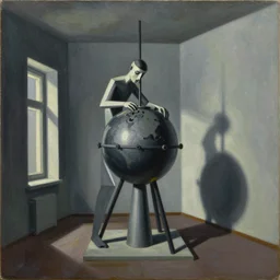 melancholic complex suprematism painting of mechanic formed figure working on an sphere machine in height by malevich, throwing hard long shadows in complex construct room by edward hopper vibe, liminal space, oil on canvas