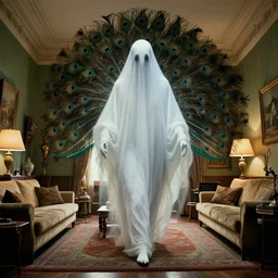 a giant ghost covered in peacock feathers walking through the living room, film still from the movie directed by Denis Villeneuve with art direction by Salvador Dalí, wide lens