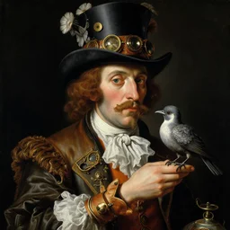 a baroque close - up portrait painting of a whimsical steampunk magician holding a bird. circus atmosphere, black background. highly detailed science fiction painting by norman rockwell, moebius, frank frazetta, and syd mead. high contrast. renaissance masterpiece. artstation