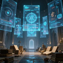 field of depth view, interior of expansive, hologram screens floating, futuristic high tech, science fiction, illustration, ancient tomes and relics, archways and doors looking like a movie photorealistic cinematic lighting, 8 k optane render, 3 d unreal engine