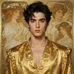 portrait of a handsome male wearing gold clothes, black hair, diffuse lighting, fantasy, intricate, elegant, highly detailed, lifelike, photorealistic, digital painting, artstation, illustration, concept art, smooth, sharp focus, art by john collier and albert aublet and krenz cushart and artem demura and alphonse mucha