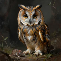an extremely detailed masterpiece painting of a long - eared owl on ground with mouse in it's claws, in the style of brian froud, brian despain, brian bolland, digital art, unreal engine, volumetric lighting, dark moody lighting, trending on artstation, photorealistic, epic scene