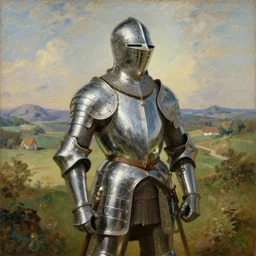 a medieval knight in a beautiful picturesque landscape wearing armor made of glass, oil on canvas, old masters, by turner, highly detailed, intricate, reflections, masterpiece, precise brush strokes