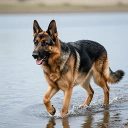 German Shepherd walks on Water, 8k photography