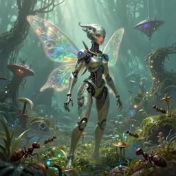 ultra realistic illustration of android fairy, alien homeworld, swamps, advanced technology, ants, special effects, colorful lights, space ship in the distance, intricate, highly detailed, digital painting, artstation, concept art, smooth, sharp focus, illustration, art by artgerm and tim mcburnie and anato finnstark