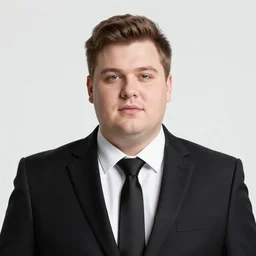 A clean-shaven chubby white man wearing a black suit and black necktie and black dress shoes sitting on the porch of his house during golden hour