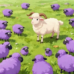 lamb from cult of the lamb, observing their following farming a field. everyone is a purple sheep. furry art, digital art