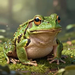 giant frog in the woods, light dust, magnificent, close up, details, sharp focus, elegant, highly detailed, illustration, by Jordan Grimmer and greg rutkowski and PiNe(パイネ) and 薯子Imoko and 香川悠作 and wlop and maya takamura, intricate, beautiful, Trending artstation, pixiv, digital Art