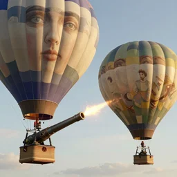 two hot air balloons armed with cannons having an air battle, art by artgerm and greg rutkowski and alphonse mucha, concept art, octane render, unreal engine 5, highly detailed, high quality, 8 k, soft lighting, realistic face, path traced