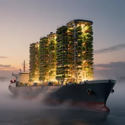 nuclear powered cargo ship with vertical farms, Photographic, Photography, photorealistic, concept art, Artstation trending , cinematic lighting, cinematic composition, rule of thirds , ultra-detailed, dusk sky , low contrast, natural lighting, fog, realistic, light fogged, detailed, atmosphere hyperrealistic , volumetric light, ultra photoreal, | 35mm| , Matte painting, movie concept art, hyper-detailed, insanely detailed, corona render, octane render, 8k
