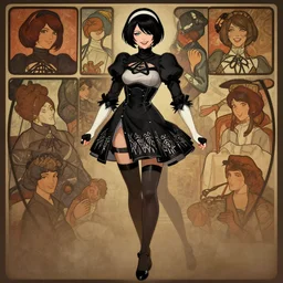 pinup character concept : full - body portrait of beautiful woman journalist alex wagner as a dark - haired nier automata, with black bob hairstyle, epicanthic folds, flirty pose, and mischievous smile, by mucha, rutkowski, vargas. elvgren, mucha, manara, wlop, serpieri, anders zorn, thomas lawrence, pixar, disney animation,