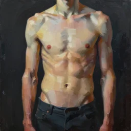 abstract flowing brush strokes of the torso of one thin athletic man posing dramatically with no face, closeup, matte paint colors, conrad roset, dark abstract background, painting trending on artstation