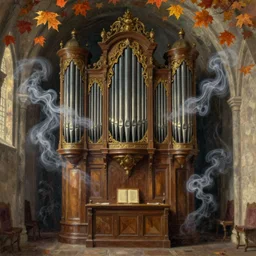 interior, evil pipe organ in autumn, fantasy, medieval, ghostly smoke, highly detailed, Artstation, oil on canvas painting by Canaletto and alan lee and john howe