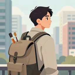 a portrait of an explorer with paint tools on his backpack, high rise buildings, from behind, illustration, digital art, by james jean
