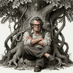 a grumphy man, legs crossed, arms crossed. under a bodhi tree. intricate, elegant, highly detailed, digital painting, artstation, concept art, sharp focus, illustration, by justin gerard and artgerm, 8 k