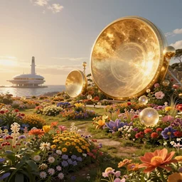 a dream flower garden near a seaside spaceport environment where one draws mystical energy into their lives, background art, pristine concept art, small, medium and large design elements, golden hour, in the style of WLOP and Ross Tran