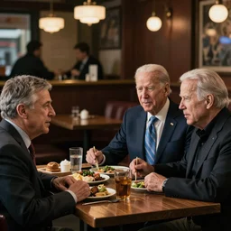 Anthony Fauci, Joe Biden, Jeffrey Epstein, Bull gates,  having dinner at a Dive bar restaurant, award winning cinematic photography, 50 mm, blurred background, trending on twitter