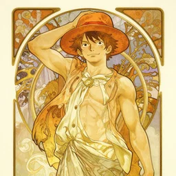 art nouveau drawing of Luffy from One piece  by alphonse mucha