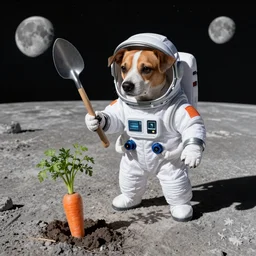 a dog in a space suit on the moon, The dog is holding a spade while looking over his carrot land, realistic