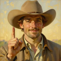 a closeup painting of a handsome cowboy saying saying yes and making a pleased face | by alphonse mucha | volumetric lighting, golden hour, realistic lighting, 4 k, 8 k | trending on artstation