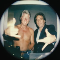 blurry polaroid of shirtless bill clinton and jeffrey epstein with hands out, approaching camera, fisheye, 20mm