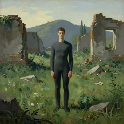 a lonely human wearing a tight - fitting suit in the middle of verdant ruins, soft wintry light, painting by de chirico and hopper