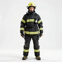 heroic firefighter in full gear, cinematic studio photo, full body, standing, isolated on a pure white background, centered, whole figure in frame, sharp focus, studio lighting