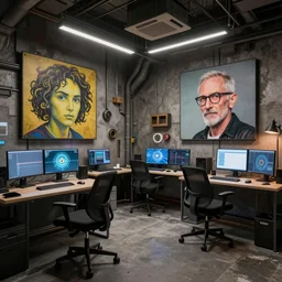 Interior shot of a futuristic brutalist studio apartment with computers by Petros Afshar and Beeple, James Gilleard, Mark Ryden, Wolfgang Lettl highly detailed