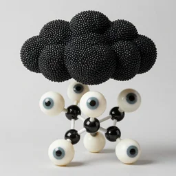 realistic object photo of ping pong balls sculpture with molecule made of eyeballs, black cloud made of caviar, readymade, dadaism, fluxus, man ray 1 9 9 0, life magazine photo