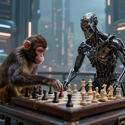 a monkey that plays chess against the terminator in a futuristic city