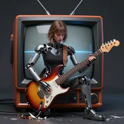 a portrait of an anthropomorphic cyberpunk television set, shredding an electric guitar by sandra chevrier, by jon foster, detailed render, epic composition, cybernetics, 4 k realistic, fender stratocaster, cryengine, realistic shaded lighting, sharp focus, masterpiece, by enki bilal