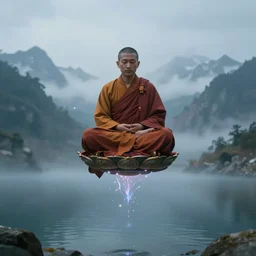 buddhist monk in lotus position flying in front of camera over himalaya mountains lake in weightlessness, small foggy and blue gloomy, small energy sparks and lines in atmosphere, bokeh background, highly detailed science fiction illustration by jeremy geddes. photorealistic, hyper detailed, 8 k, movie still, artstation